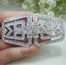 Silver Tone Flower Crown Woman's Buckle Brooch Pin Clear Rhinestone Crystal