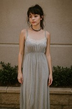 Monteau LA Y2K Babydoll Gray Maxi Dress M Crochet Lace Spaghetti Strap Boho Chic
