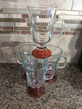 Set of 4 Clear 5.75" Glass Red Flash Foot Irish Mugs With Handle Pre-owned 8 oz
