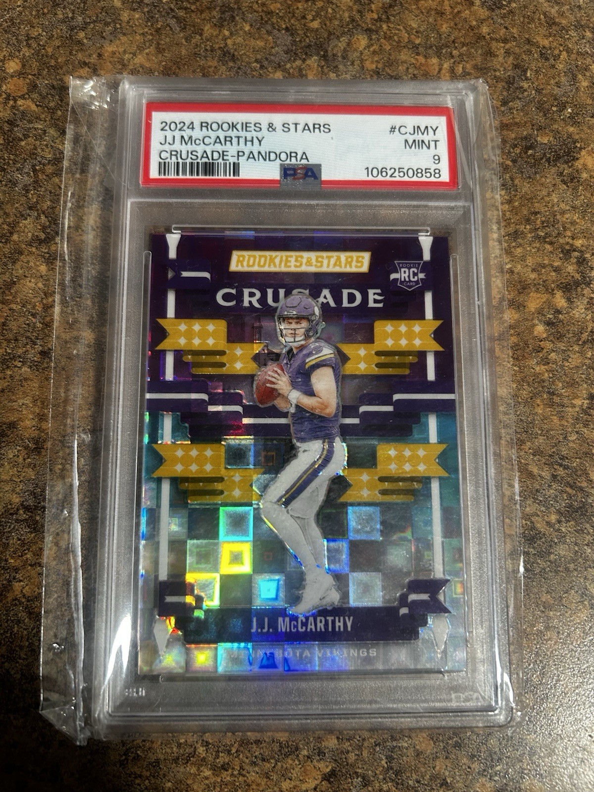 Panini 2024 Rookies & Stars J.J. McCarthy Crusade Pandora RC #C-JMY PSA 9/35