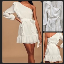 LULUS Weekend Wonder White One Shoulder Ruffled Mini Dress*Cute Size LARGE**NWOT