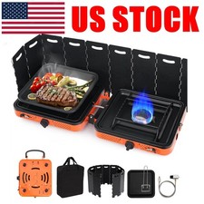2 Burner Propane Stove 17000 BTU Foldable Camping Stove W/ Case Hose, WindProof