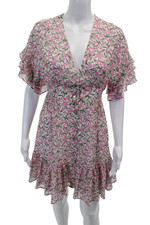 Mink Pink Womens Button Front Short Sleeve Floral Mini Dress White Pink Small