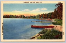 Greetings from Red Bank New Jersey Lake Boats Shoreline Postcard PC069