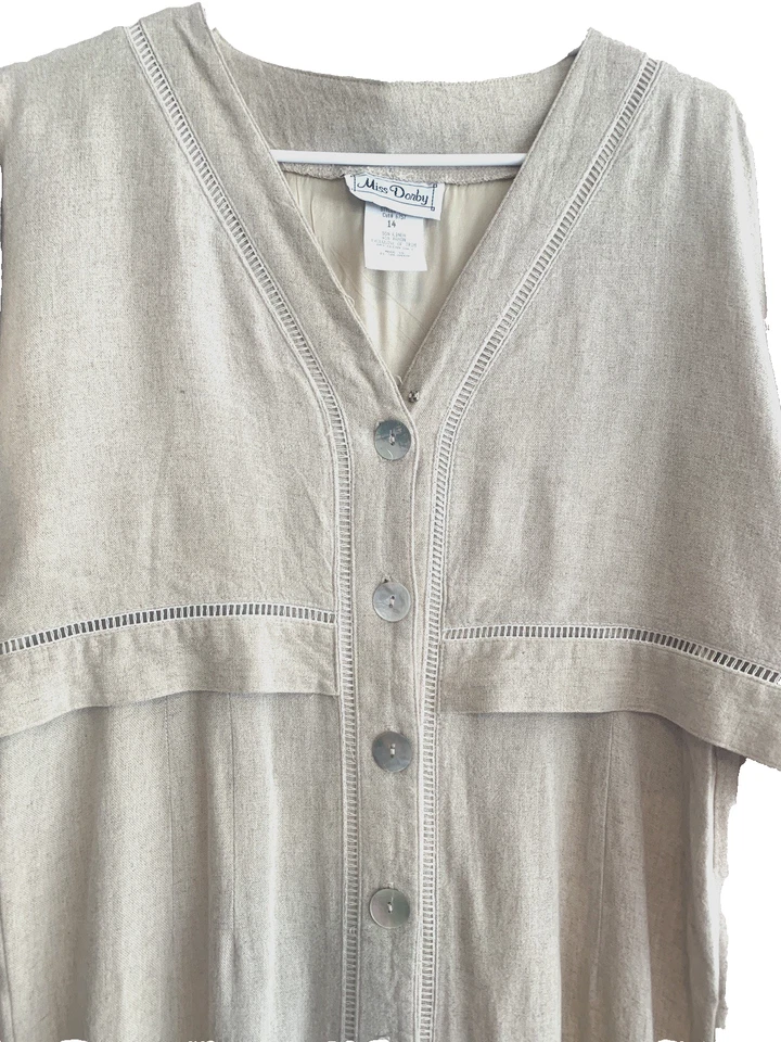 Vestido midi Miss Dorby de colección mezcla de lino avena manga corta abotonada talla 14 Foto 4 de 4