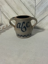 VTG Rowe Pottery Works 1989 ABC Childs Two Handle Mug Cup Salt Glazed Stoneware