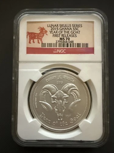 2015 Ghana 55 Cents Year of the Goat Lunar Skulls MS70 First Releases NGC
