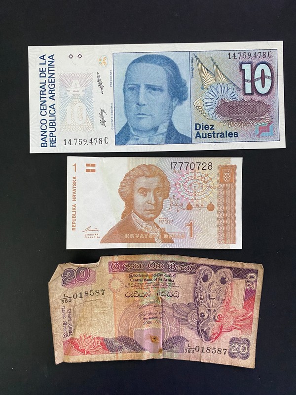 World Banknote Lot Argentina 10 Australes Croatia 1 Dinar Sri Lanka 20 Rupees