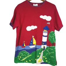 The Quaker Factory Red Lighthouse Sailboat Sweater Top 1X Nautical Coastal Gran