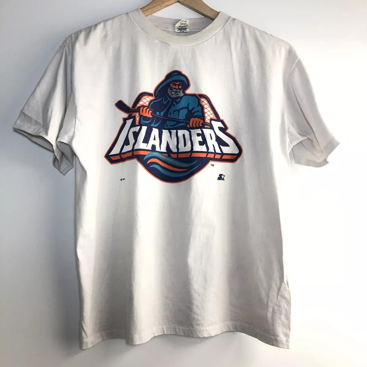 Vintage Starter New York Islanders Fisherman NHL Mens T-shirt Size L White