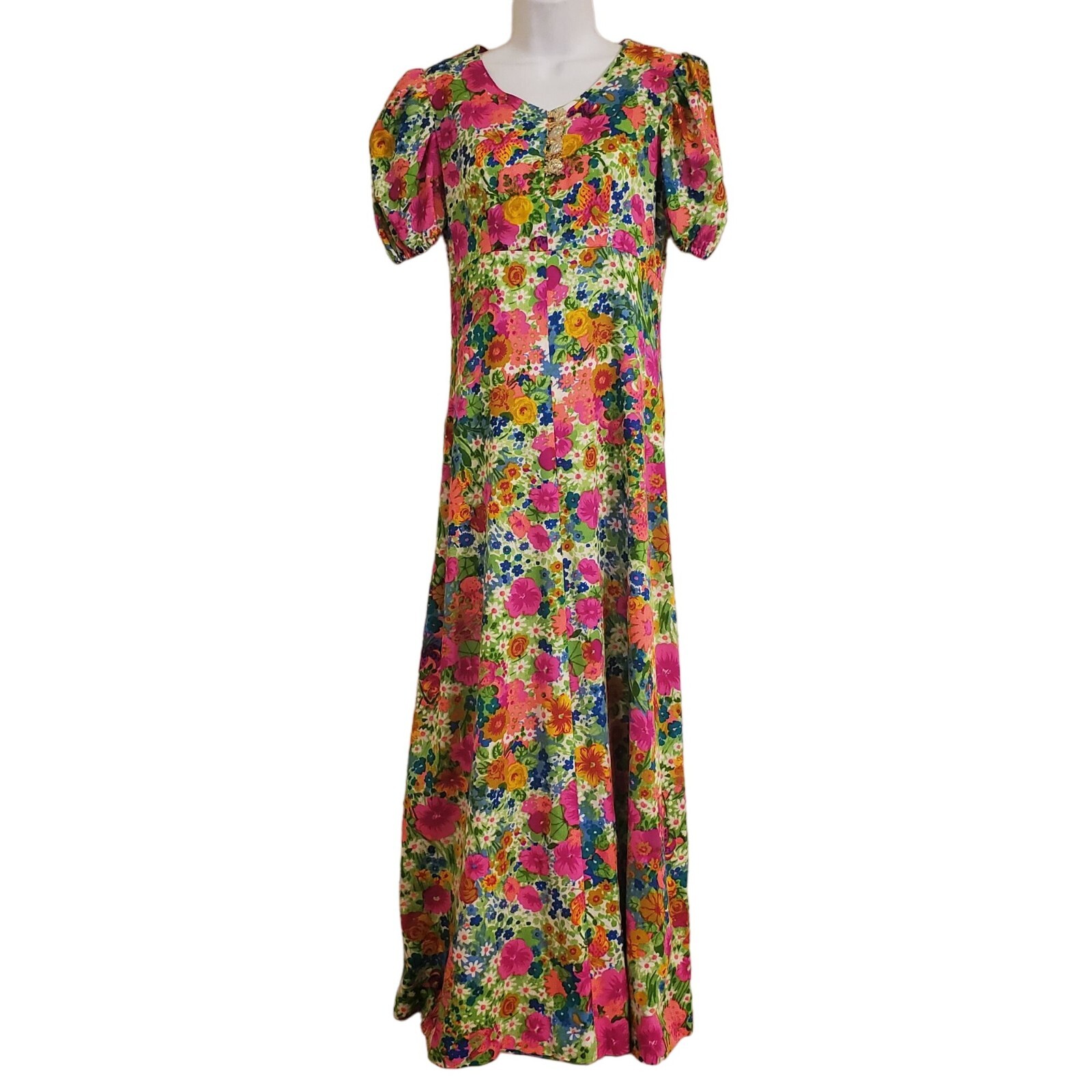 Vintage Maxi Dress Bright Floral Print V Neck Long Modest Cosplay Costume-image