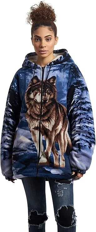 Wildkind Wolf Snow Grey Jacket Wolves Sherpa Fleece Hoodie Blue Sweater M-3X - product detail image 4