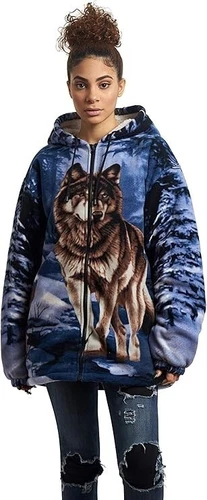 Wildkind Wolf Snow Grey Jacket Wolves Sherpa Fleece Hoodie Blue Sweater M-3X image 4