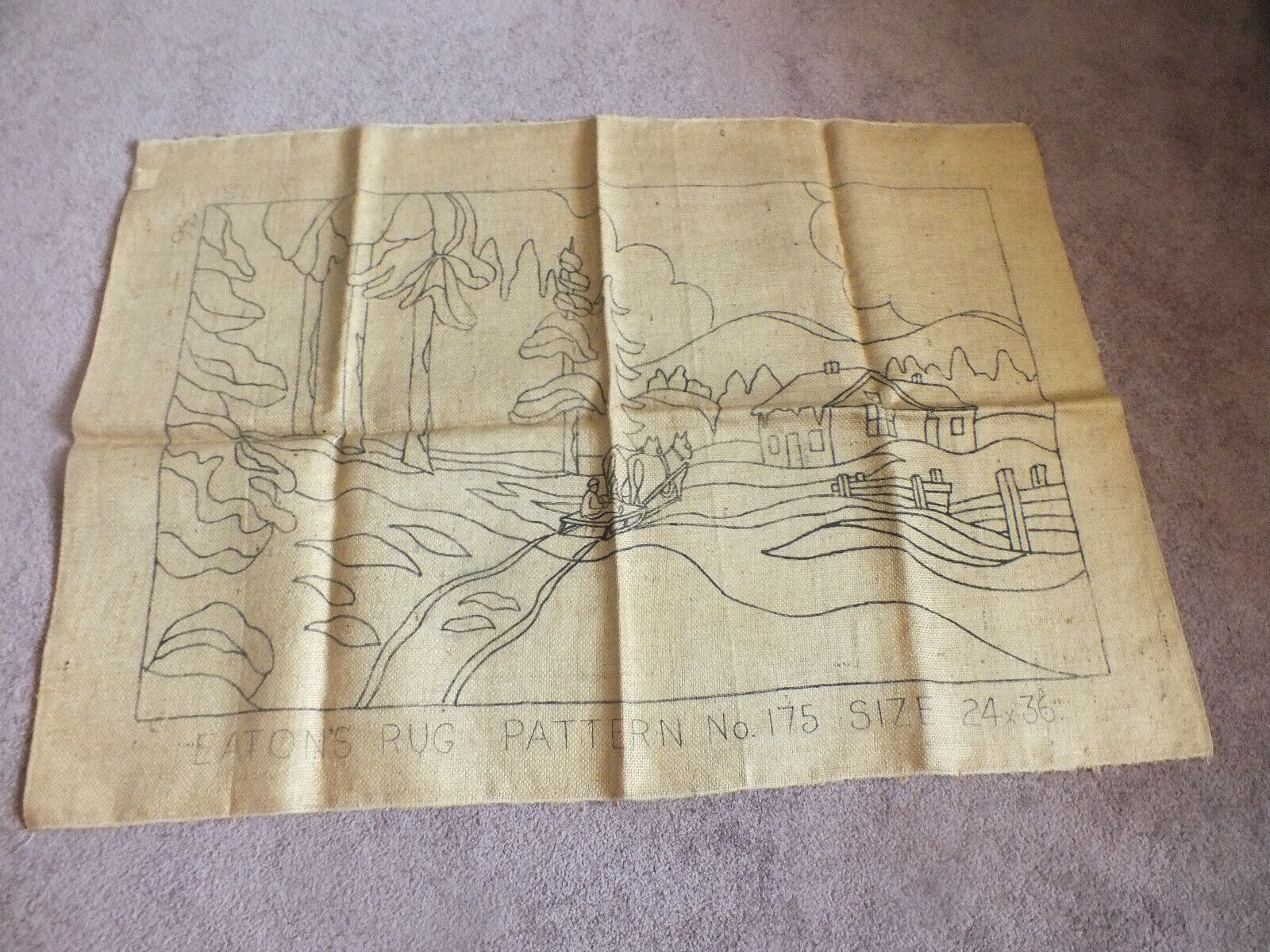 Collectible Signed Eaton's Rug Pattern 24 x 36" Burlap House Trees Horse Sled
