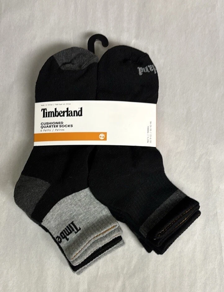 New Timberland Socks 6 Pairs Men’s Black & Gray Cushioned Quarter Socks Casual