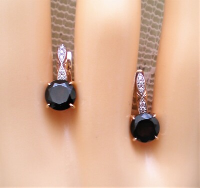 Eastern European Solid 14K 585 Rose Pink Gold Red Garnet Pierced Earrings