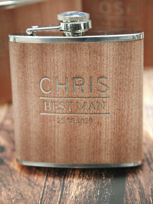 Personalised 6oz Wood/Steel Hip Flask Wedding Best Man Usher WOW !! Unique Gift - Foto 5