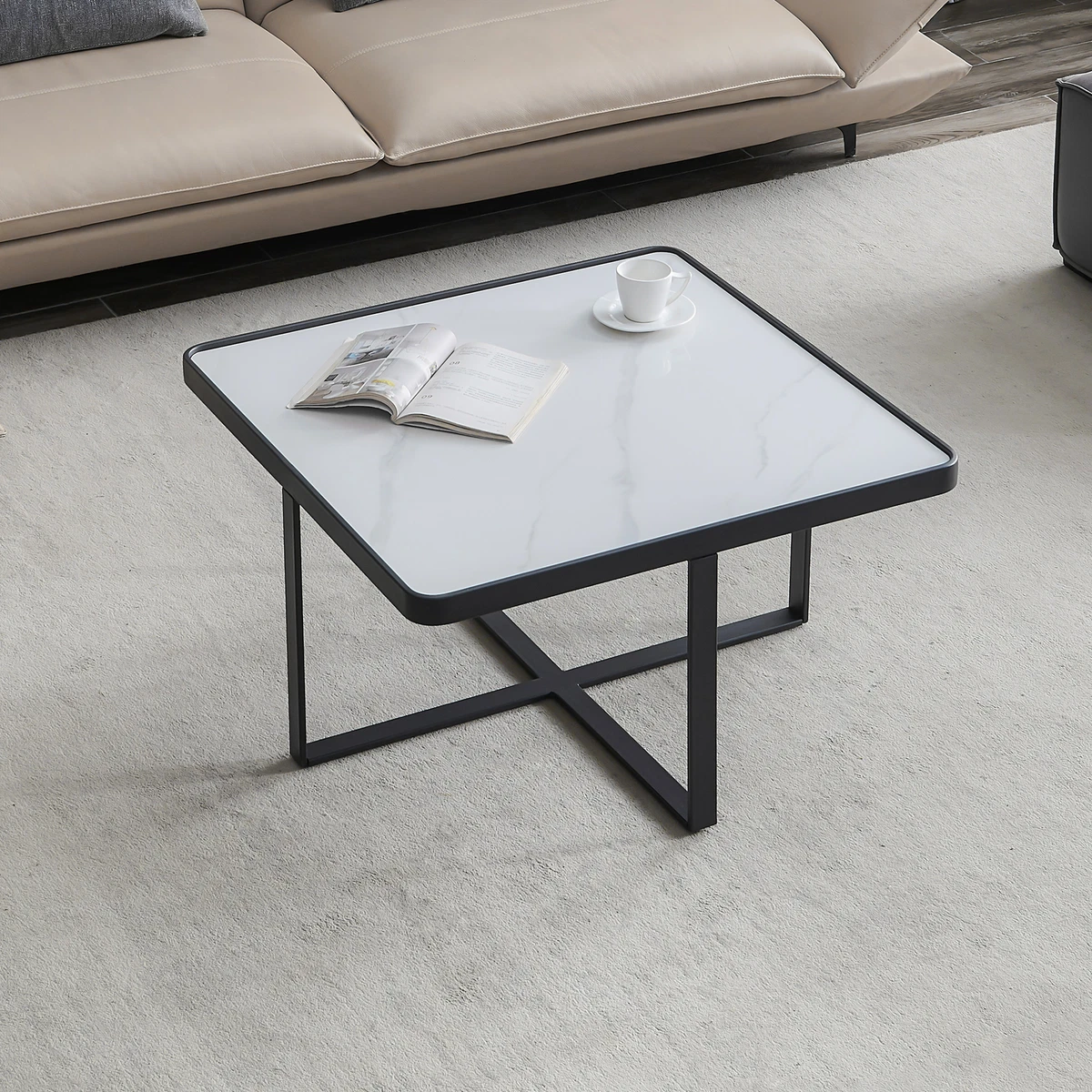 Minimalism Square Coffee Table Black Metal Frame With Sintered
