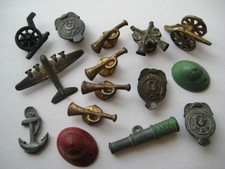 VINTAGE Antique Old Metal CRACKER JACK Charm Lot WWII MINIATURES Button Studs