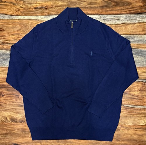 Maglione Ralph Lauren lana lavabile 1/4 zip grande e alto blu navy uomo taglia 3XLT