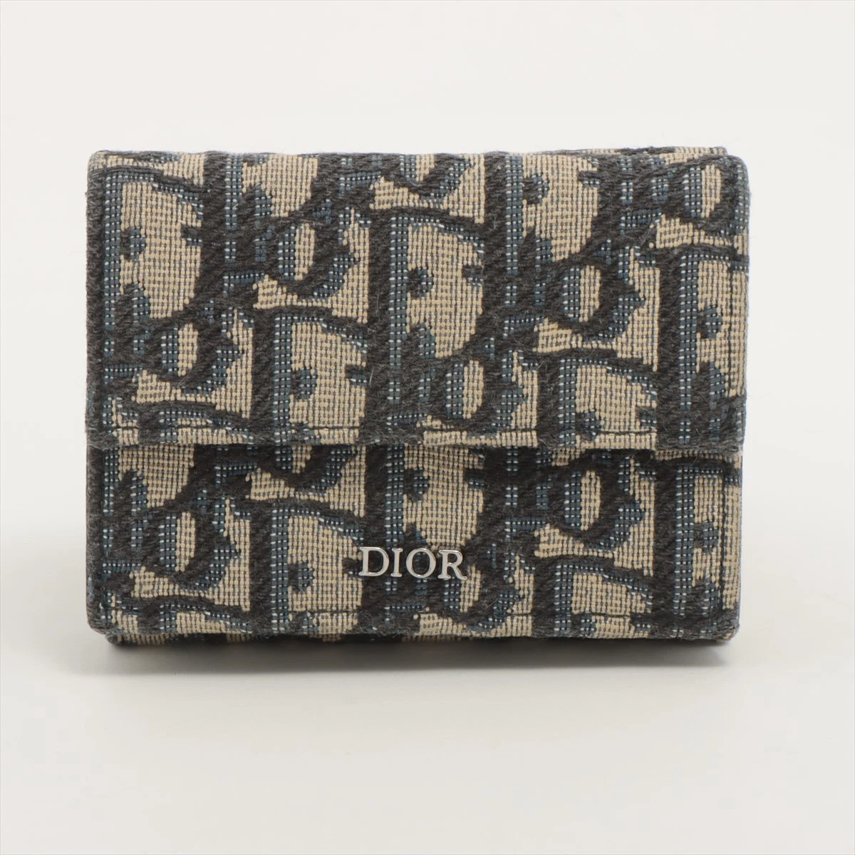 Portefeuille compact Dior oblique toile et cuir beige x marine