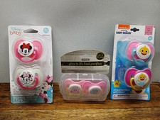 Lot Of Six New 0 Month Girl Pacifiers Baby Shark Minnie Mouse Binkies Pink