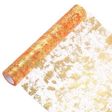 15 Feet Table Runner, Sequin Foil Thin Mesh Metallic Table Runner, Orange Gold