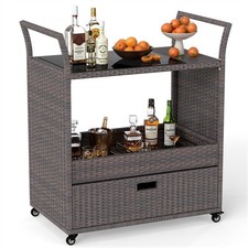 Handwoven PE Rattan Outdoor Bar Cart with Tempered Glass Top & Drawer