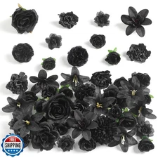 rongflower Fake Flower Heads for Crafts - Black Silk Artificial Roses, Peonie