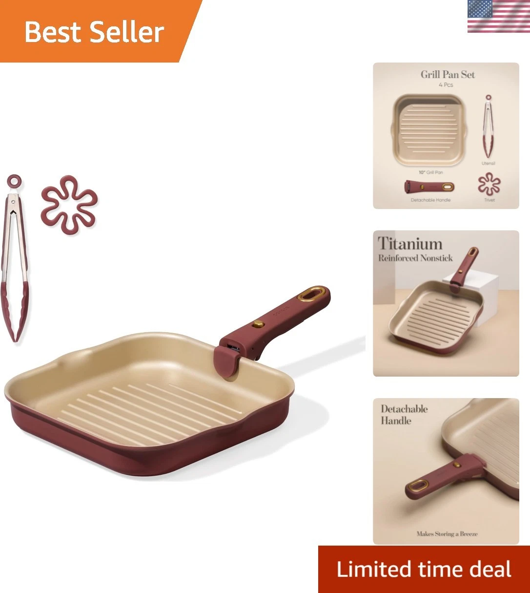 Durable Titanium Nonstick Grill Pan, 10 Inch, Dishwasher Safe, Perfect for Steak
