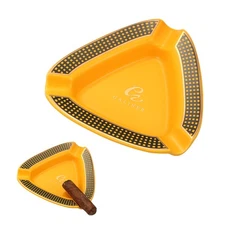 Yellow Cigar Ashtray Ceramic Cigarette Holder 3 Tube Outdoor Smoking W/ Gift Box