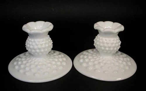 Vintage Fenton Glass Pair of Milk Glass Hobnail Candle Holders MINT!