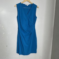 DVF Layne Sheath Dress Womens 12 Turquoise Blue Ruched Sleeveless VNeck Atlantis