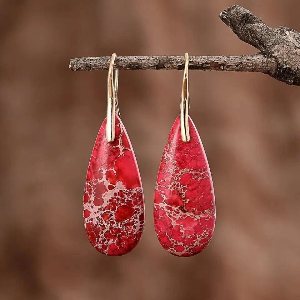 Natural Red Imperial Jasper Teardrop Dangle Earrings Red Gemstone Drop Earrings