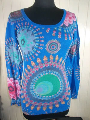 Joli pull fin maille Desigual S 36/38 bleu roi Impressions colorés - Photo 1/4