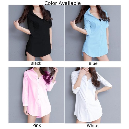 Women's Loose Pink Cotton Blouse Dress Shirt Spring Sleeve Korean Fashion Tops - Picture 3 of 24