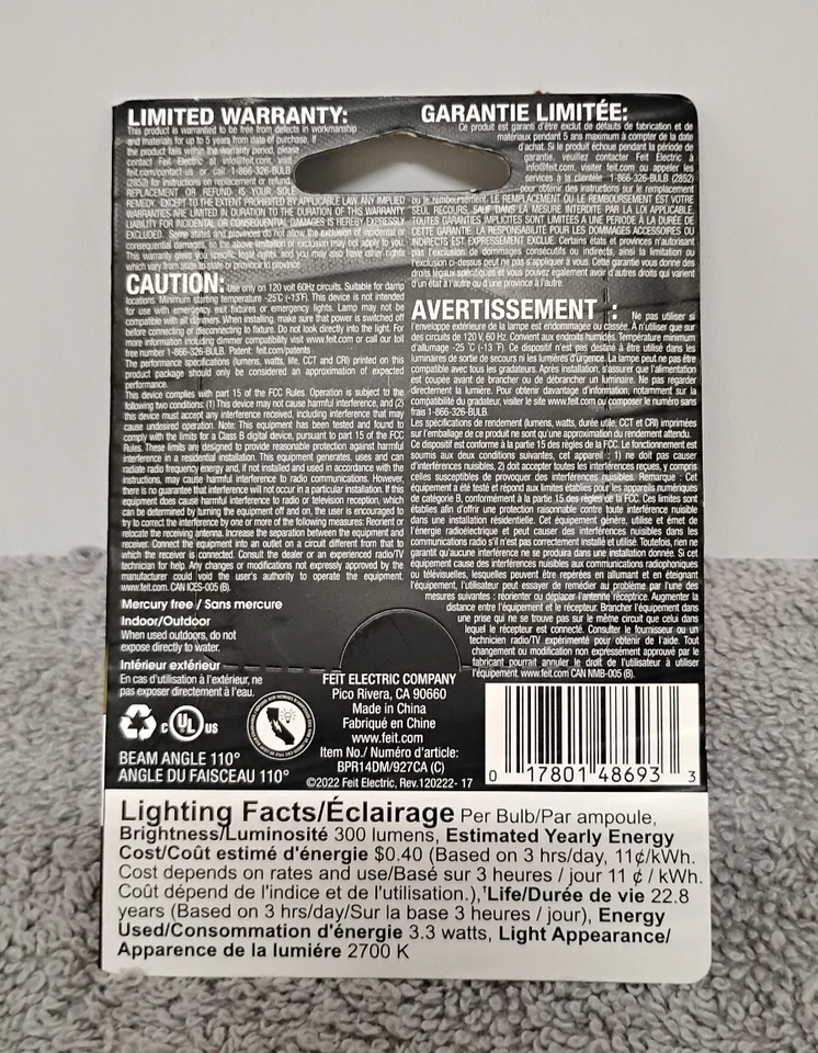 11 NEW Feit Electric BPR14DMN/927CA 120V 3.3W 2700K 300 Lumens LED Light Bulbs. - Image 4 of 4