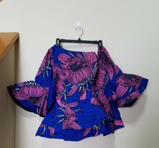 African Women  Blue Multicol Short Sleeves Dashiki Top  Skirt Traditional Wear 