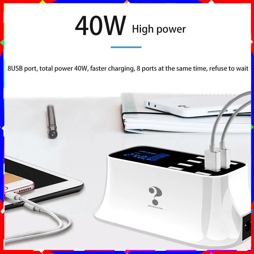 40W 5V/8A Multi-Port USB Hub with AC Adapter for Desktop & Travel Charging