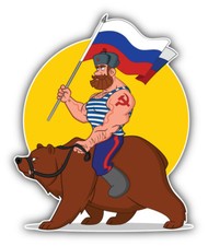 Russian Man Riding Bear World Flag Car Bumper Sticker Decal - ''SIZES''