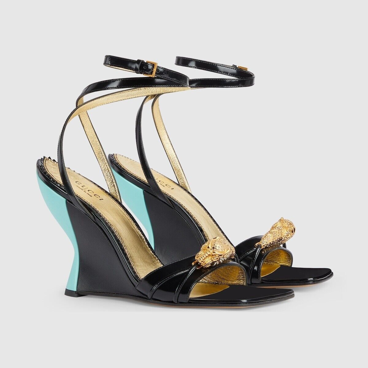 NIB Gucci black patent leather tiger head wedge sandals IT NIB Gucci black patent leather tiger head wedge sandals IT