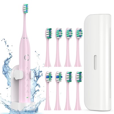 Electric Toothbrush for Adults 8 Brush Heads Sonic Rechargeable Pink