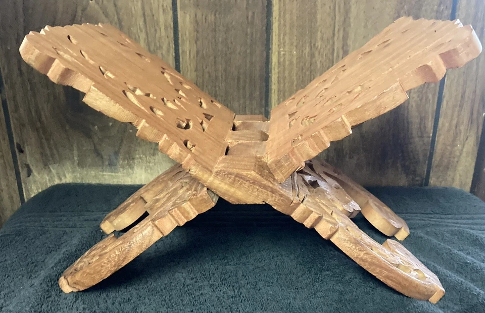 SmalI Hand Carved Teak Wood Folding Book holder /India/ 7"x 10" x 7"  - Image 2 of 4