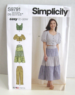 Simplicity 9791 Easy Button Front Tops, Skirt & Pants Pattern Misses' 4-12 Uncut