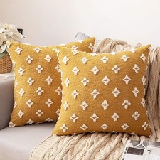 Jacquard Pillow Covers Set of 2, Geometric Square Cushion, Living Room, Yellow