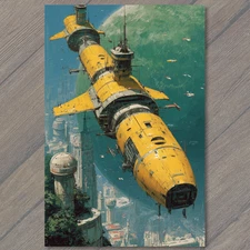 Art Print Yellow Spacecraft Orbiting Futuristic City Jungle Planet Sci Fi Skyshi