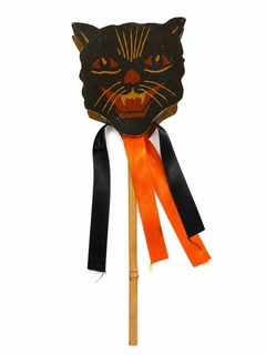 Antique Halloween Black Cat Noisemaker Rattle Die Cut Cardboard 1920s Vintage