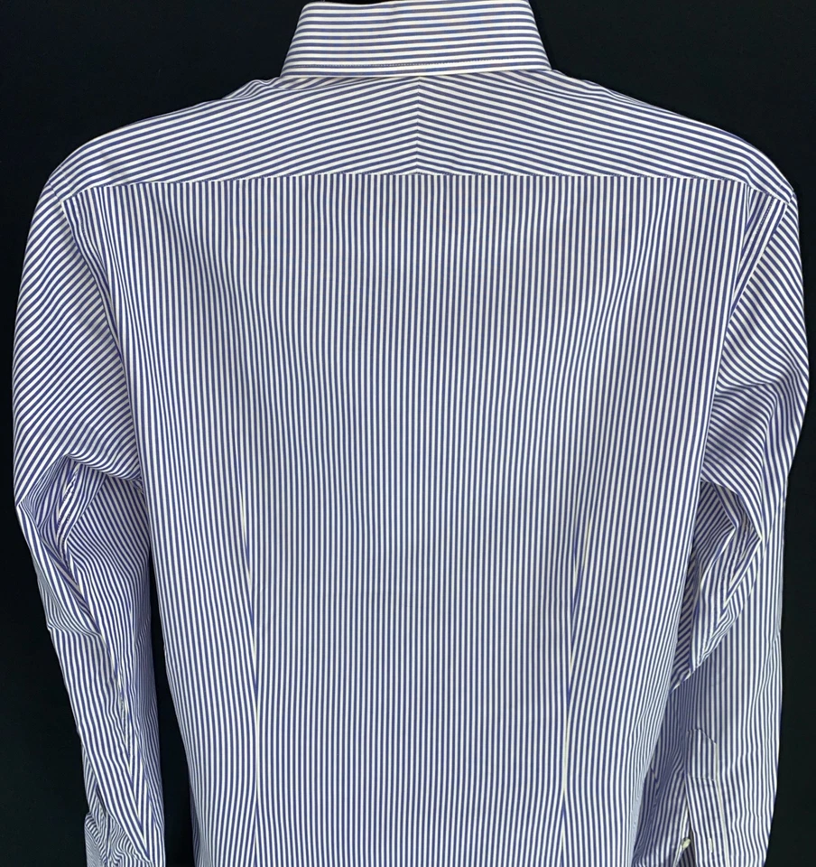 T.M. Camisa de vestir Lewin 2 pliegues de algodón blanco azul a rayas calce ajustado 15,5 34,5 Foto 4 de 4