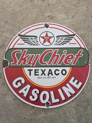 VINTAGE 1950S TEXACO SKY CHIEF GASOLINE PORCELAIN GAS STATION PUMP SIGN NICE 12''