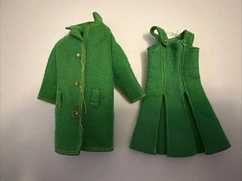 Vintage Barbie Mattel Skipper Town Togs Green Felt Dress & Coat 1963